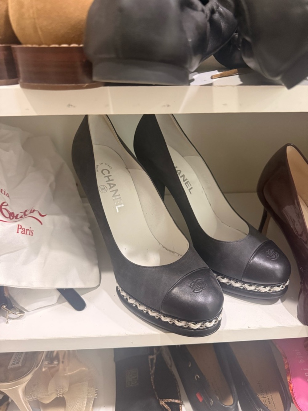 CHANEL Black Leather Platform Pumps with Chain Trim